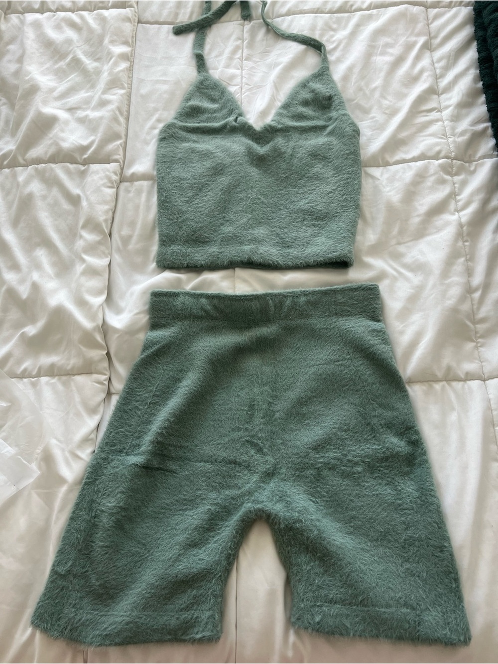 Gymshark Moss Green Fuzzy Halter Crop Top & Shorts Set